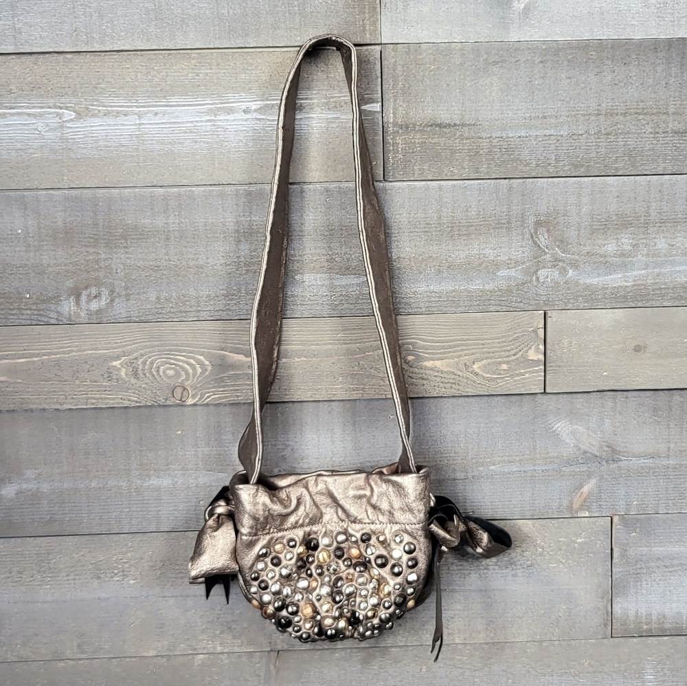 hype Metallic Gold Distressed Leather Bucket Crossbody Vintage Boho Bag
